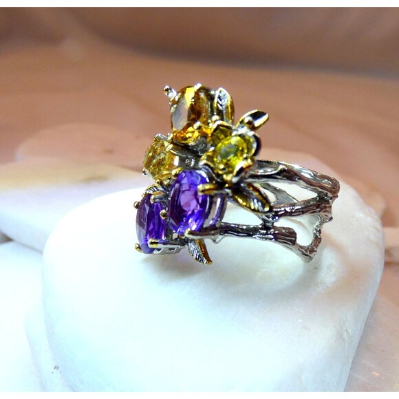 Citrine Amethyst Sterling Silver Cocktail Ring Botanical Vines Size 7.5 - Picture 3 of 8